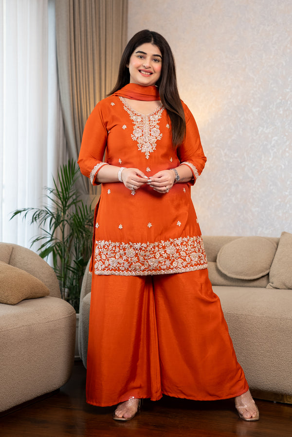 Orange Embroidered Palazzo Suit Set