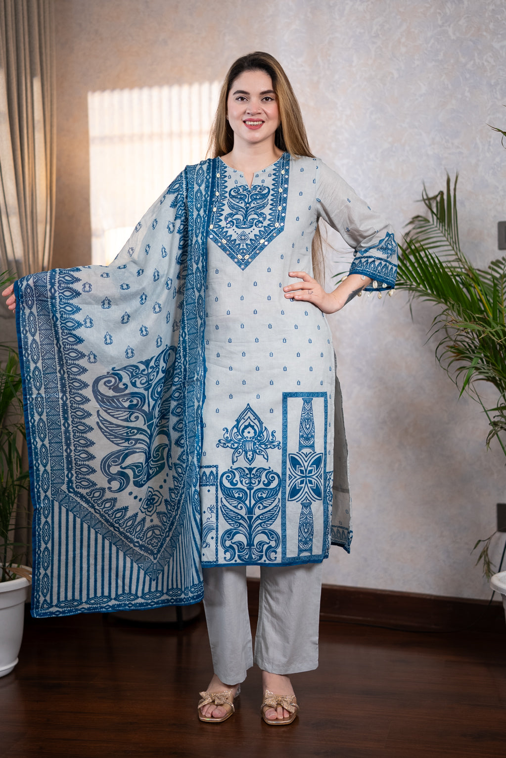 Blue Pure Cotton Straight Suit Set