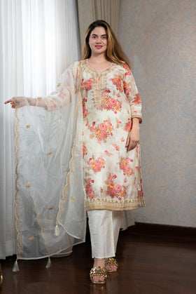 White Floral Kurta Set