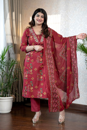 Maroon Floral Mul Cotton Kurta Set