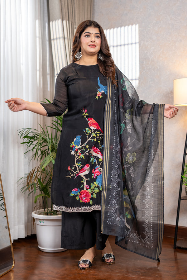 Black Botanical Bird Suit Set