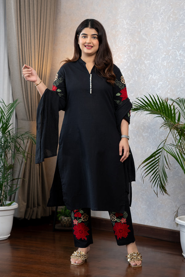 Black Floral Embroidered Kurta Set