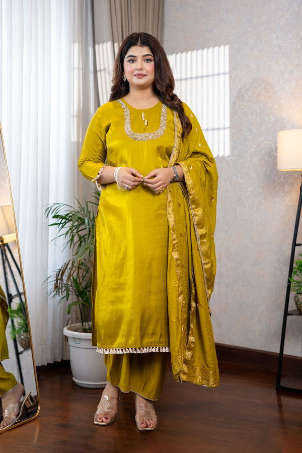 Olive Yellow Silk Suit Set