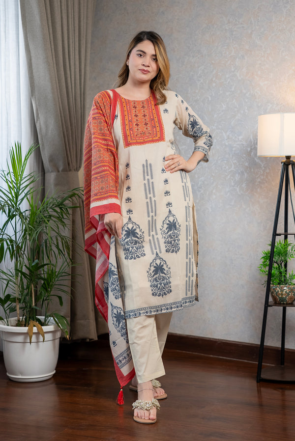 White Block Print Kurta Set