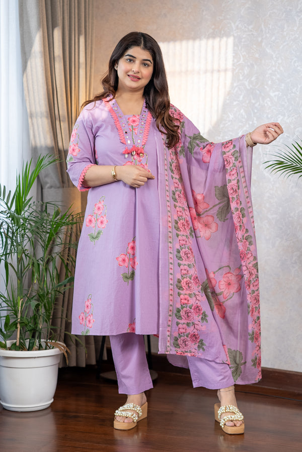 Purple Pure Cotton A Line Suit Set