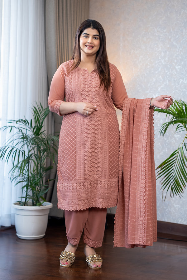 Dusty Rose Lucknowi Embroidery Suit Set