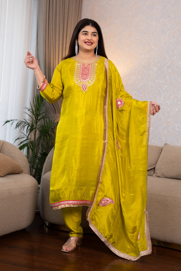Yellow Silk Embroidered Suit Set