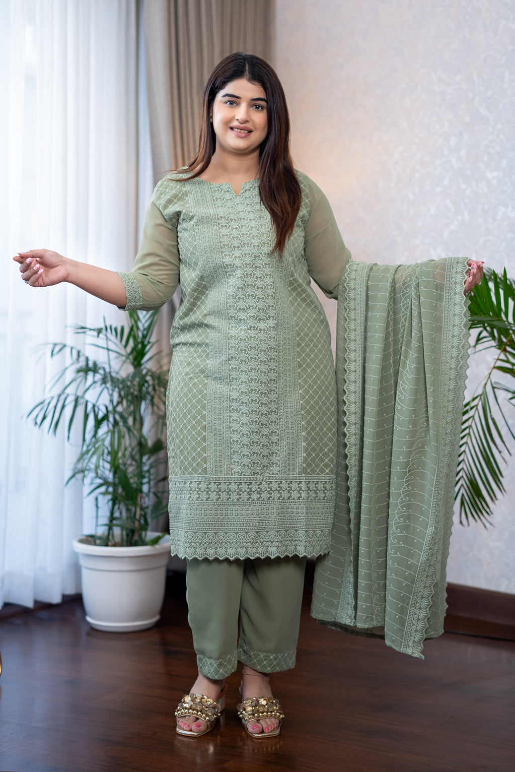 Sage Green Lucknowi Embroidery Suit Set