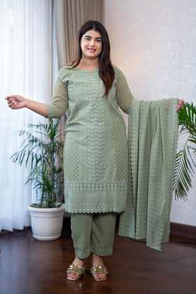 Sage Green Lucknowi Embroidery Suit Set