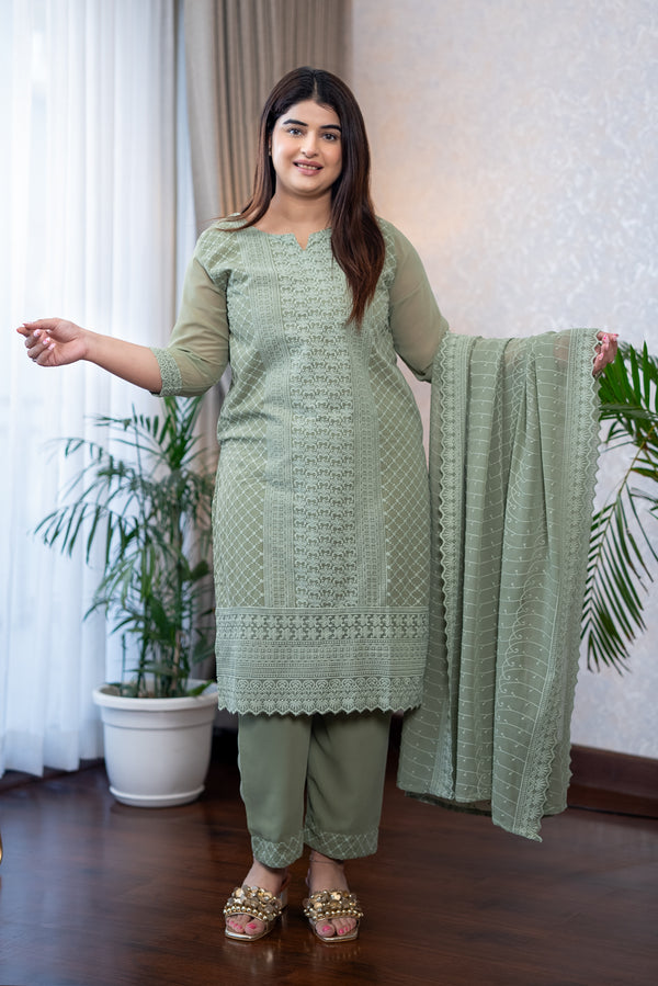 Sage Green Lucknowi Embroidery Suit Set