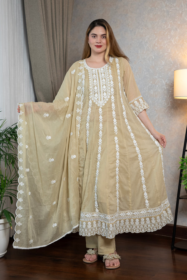 Beige Mul Cotton Kurta Set