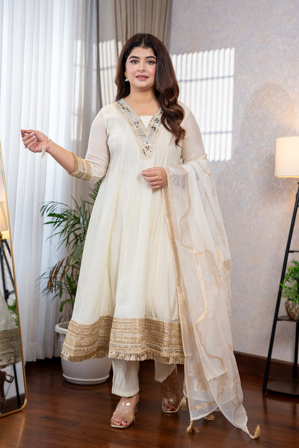 Dove White Anarkali Suit Set