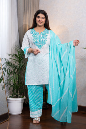 White & Aqua Embroidered Farshi Suit Set