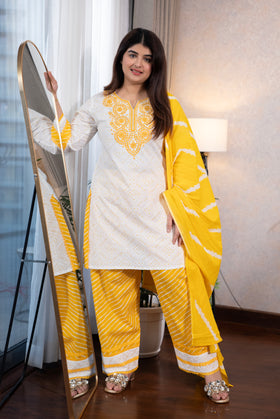 White & Yellow Embroidered Farshi Suit Set