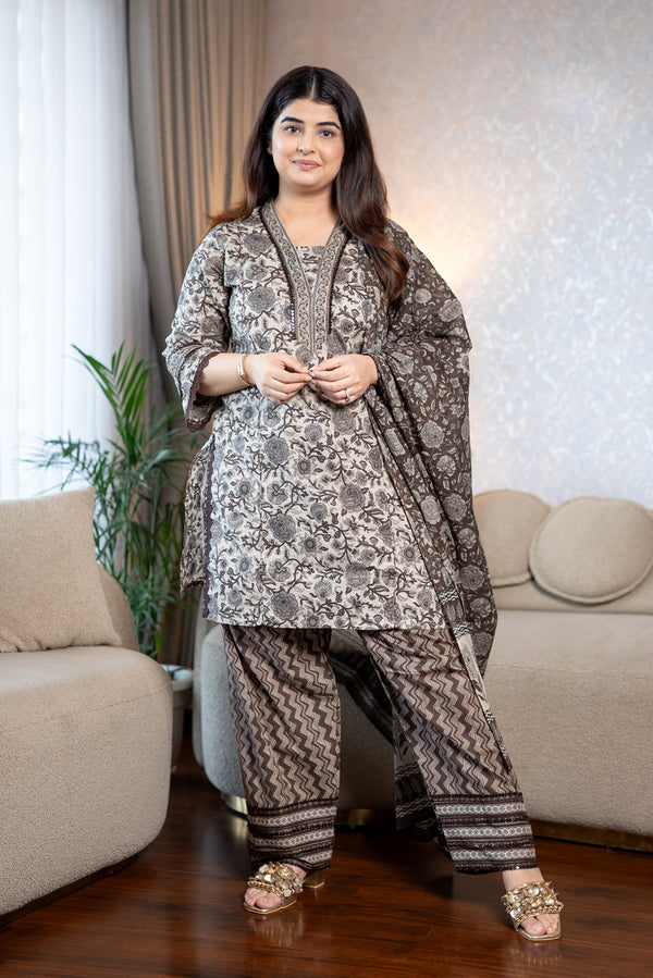 Farshi Salwar Chocolate Brown Print Suit Set