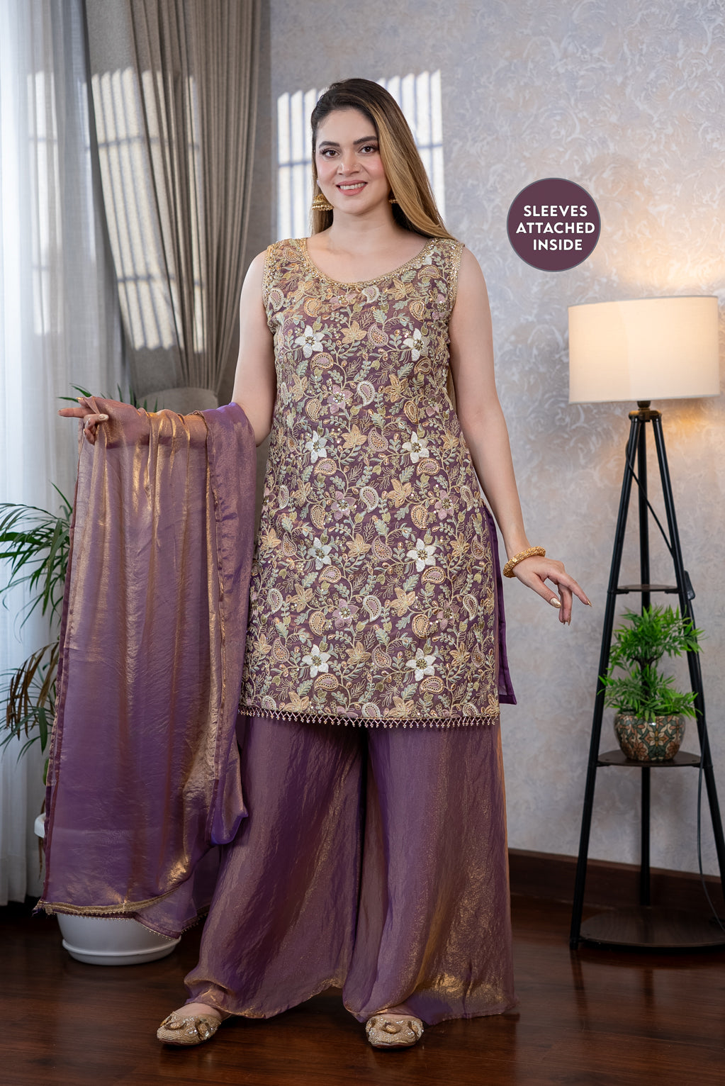 Lilac Embroidered Sharara Suit Set