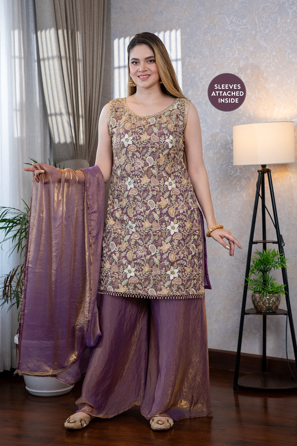 Lilac Embroidered Sharara Suit Set