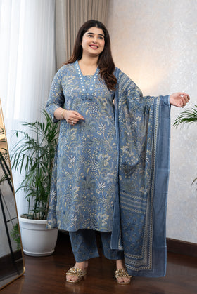 Steel Blue Floral Kurta Set