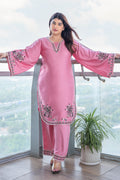 Pink White Embroidered Bell-Sleeve Suit Set