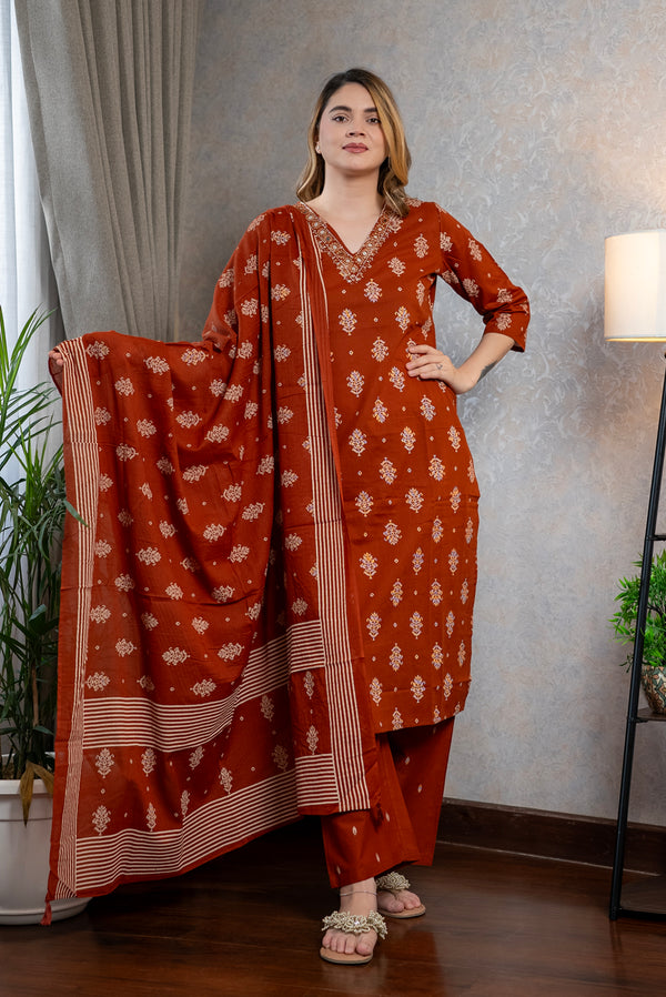 Rust Cottton Kurta Set
