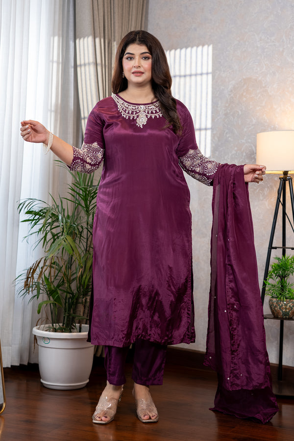 Wine Embroidered Suit Set