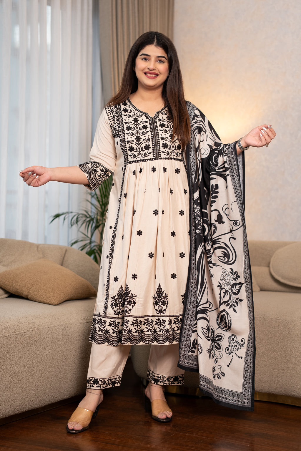 Cream & Black Alia Cut Suit Set