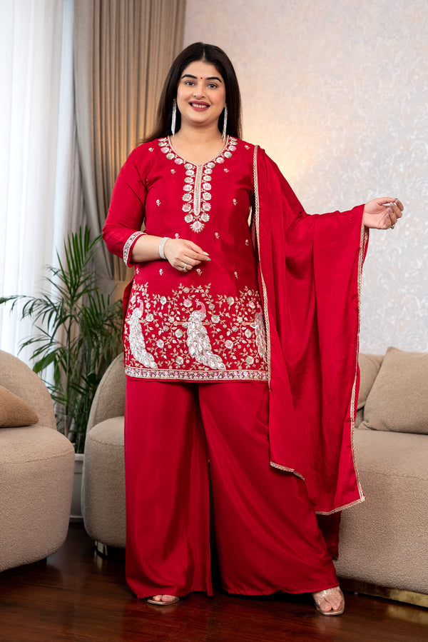 Red Embroidered Sharara Suit Set