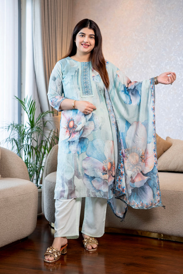 Sea Blue Floral Cotton Suit Set