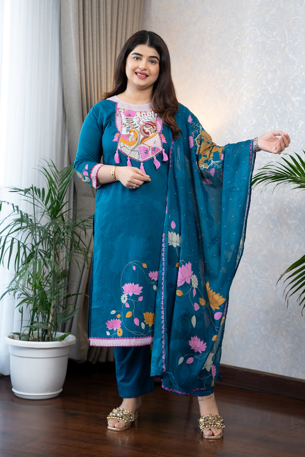 Teal Madhubani Art Kurta Set