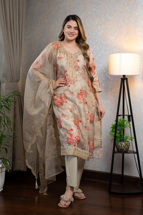 Beige Floral Kurta Set