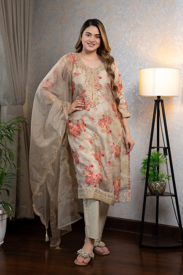 Beige Floral Kurta Set