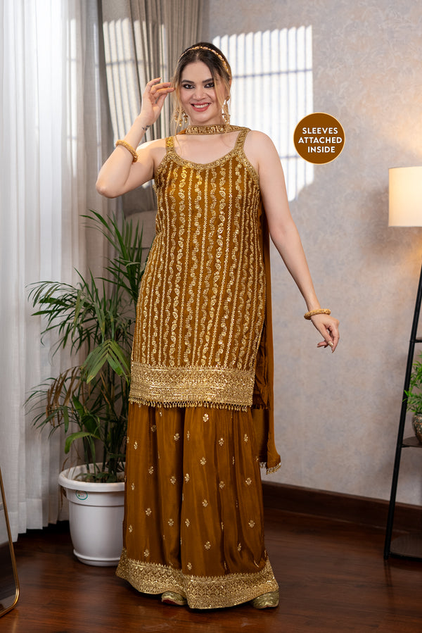 Gold Pearl Drop Sharara Suit Set