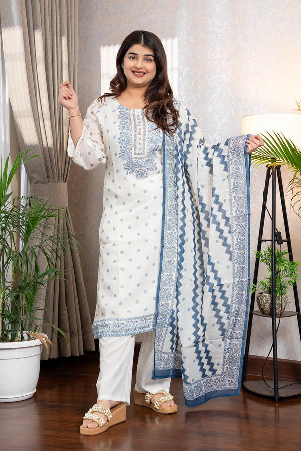 Cotton Linen Blue Straight Suit