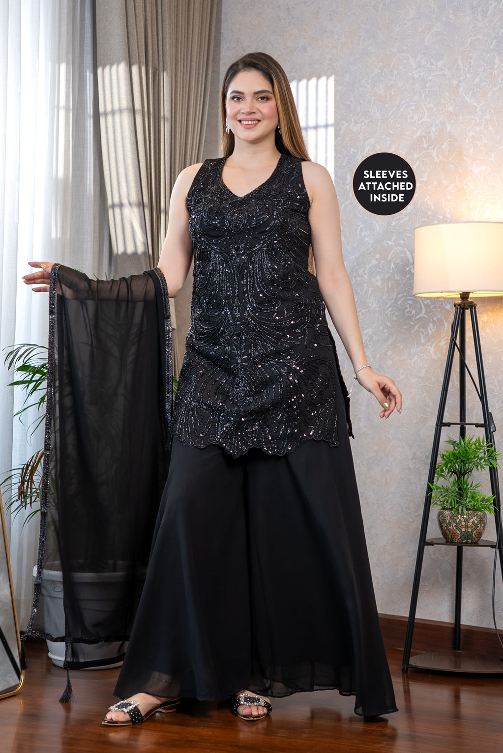 Black Georgette Sequin Sharara Suit Set