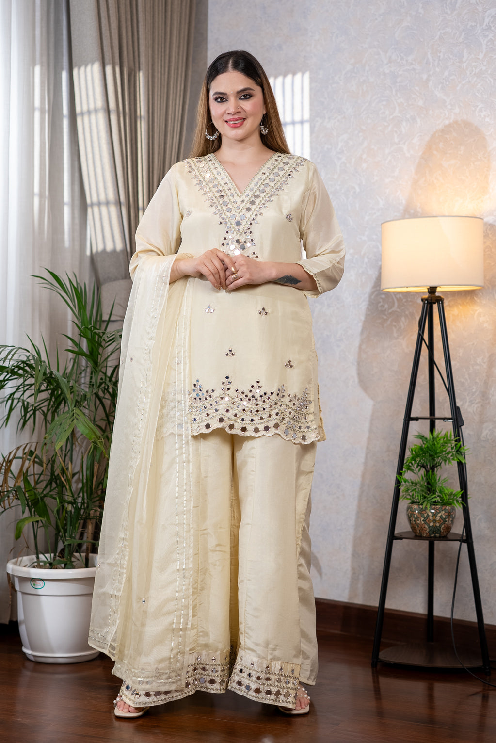 Cream Mirror Work Palazzo Set