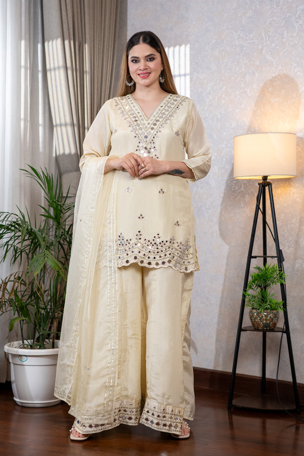 Cream Mirror Work Palazzo Set