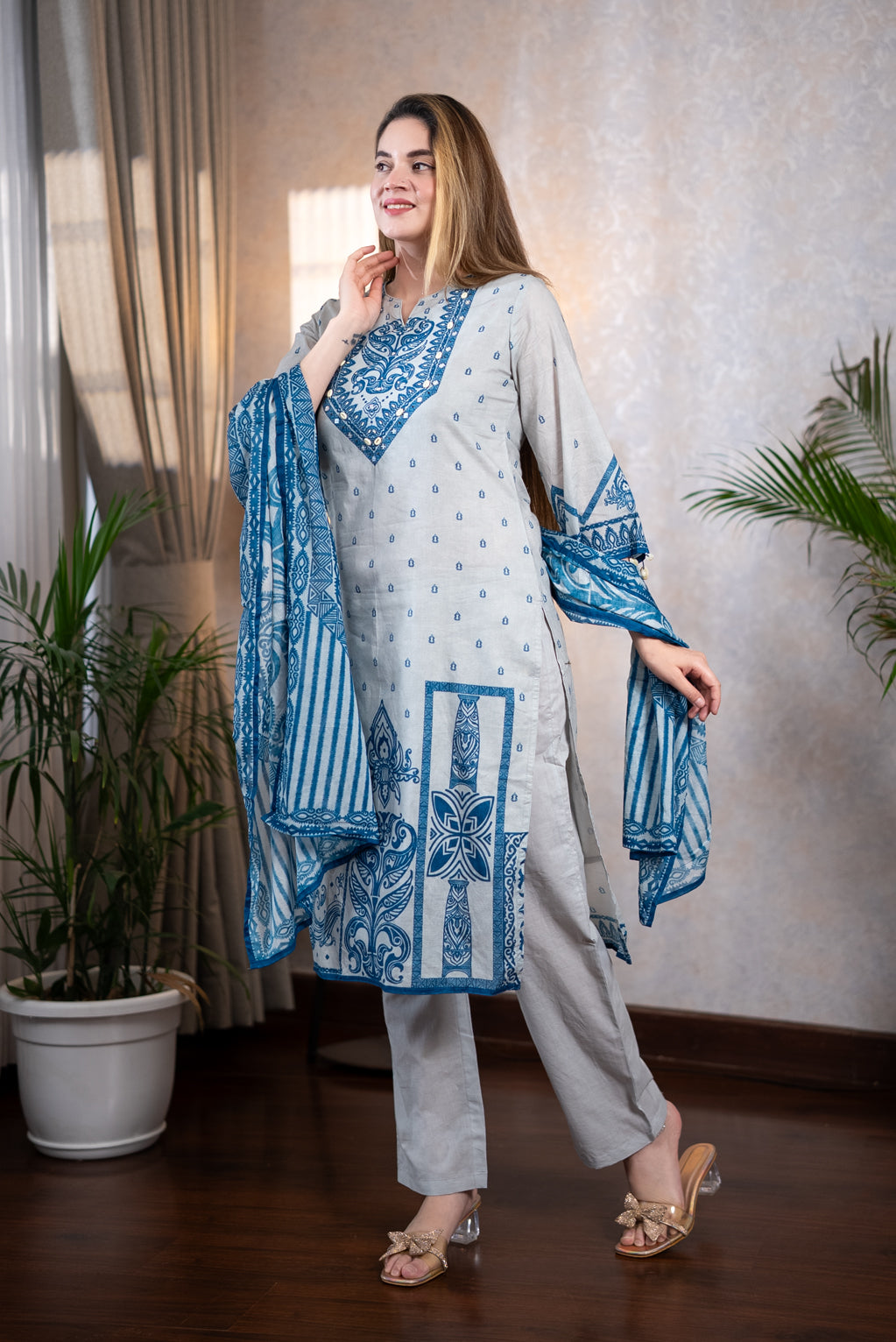 Blue Pure Cotton Straight Suit Set