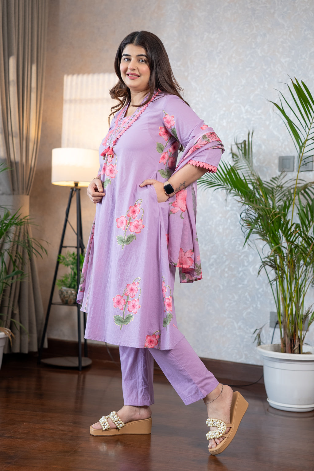 Purple Pure Cotton A Line Suit Set