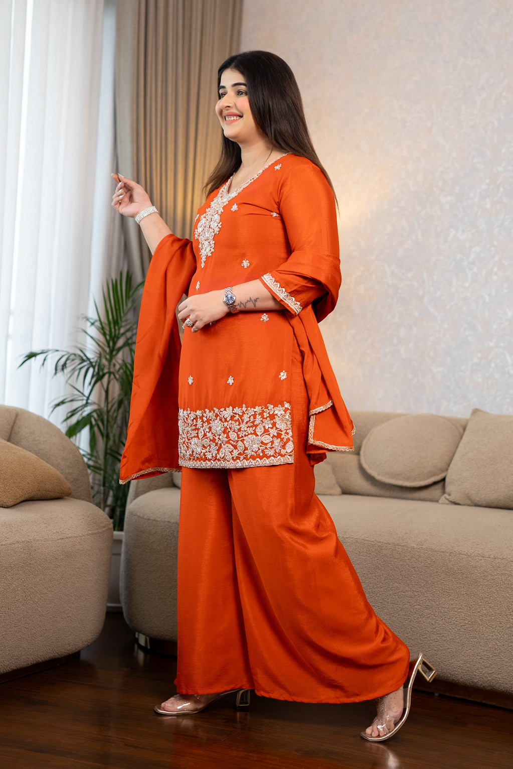 Orange Embroidered Palazzo Suit Set