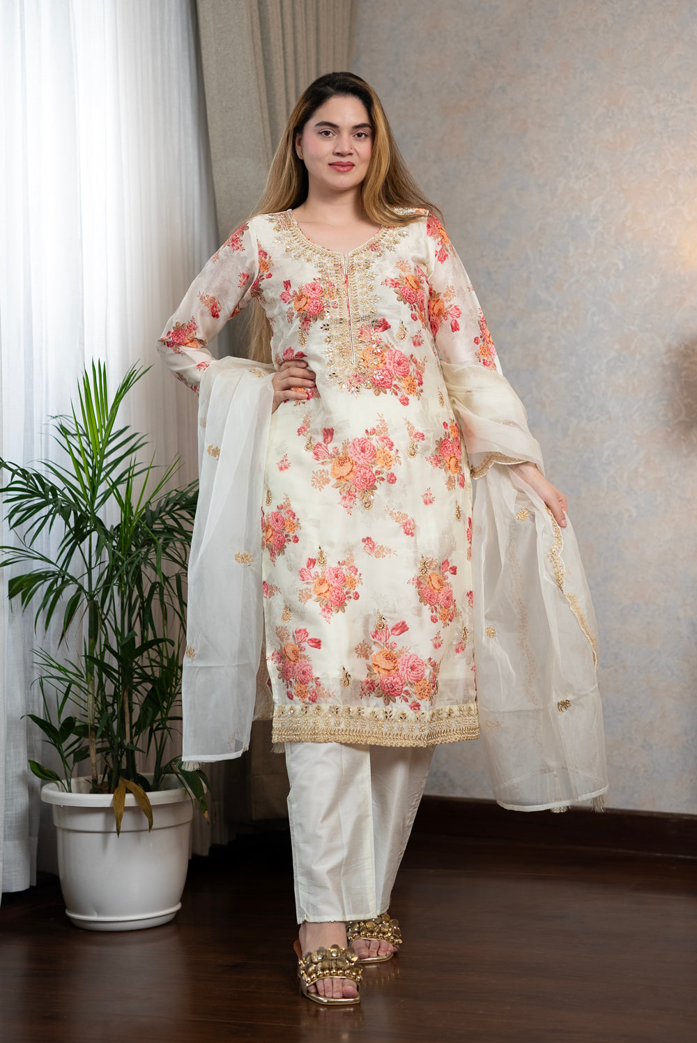 White Floral Kurta Set