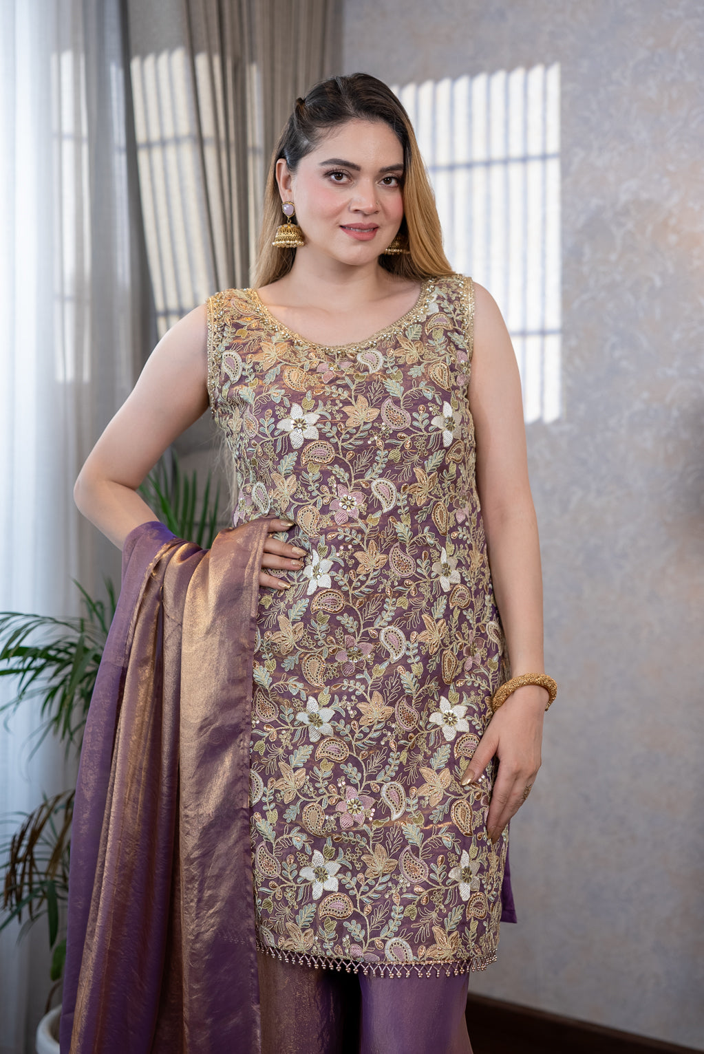 Lilac Embroidered Sharara Suit Set
