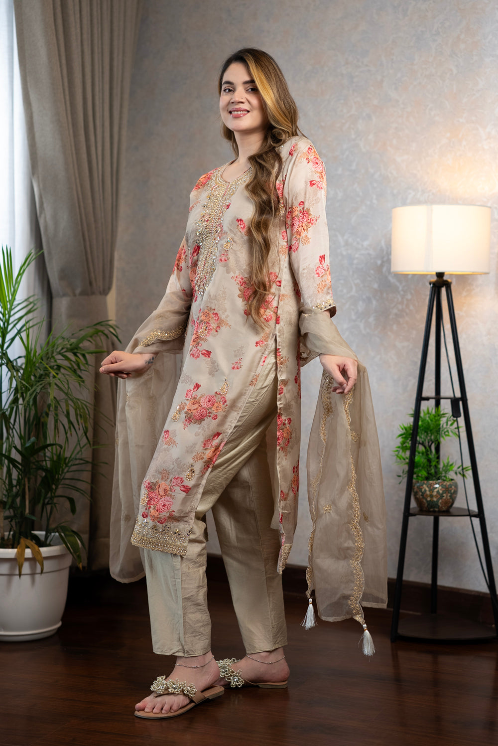 Beige Floral Kurta Set