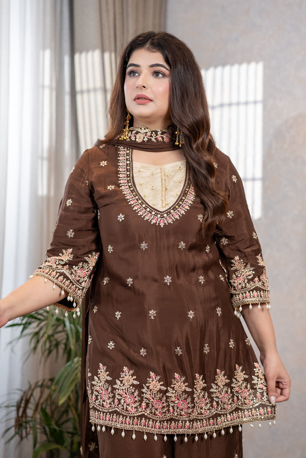Chocolate Brown Embroidered Suit Set