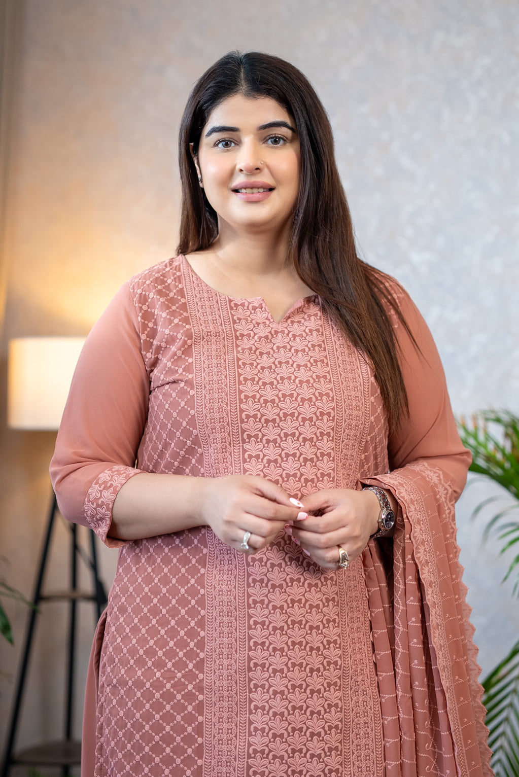 Dusty Rose Lucknowi Embroidery Suit Set