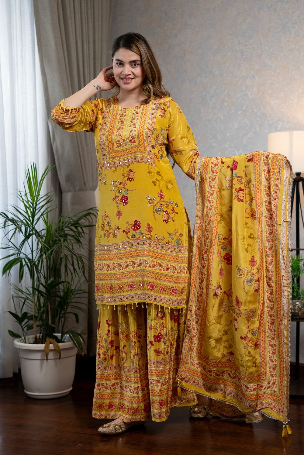 Mustard Crepe Kurta Set