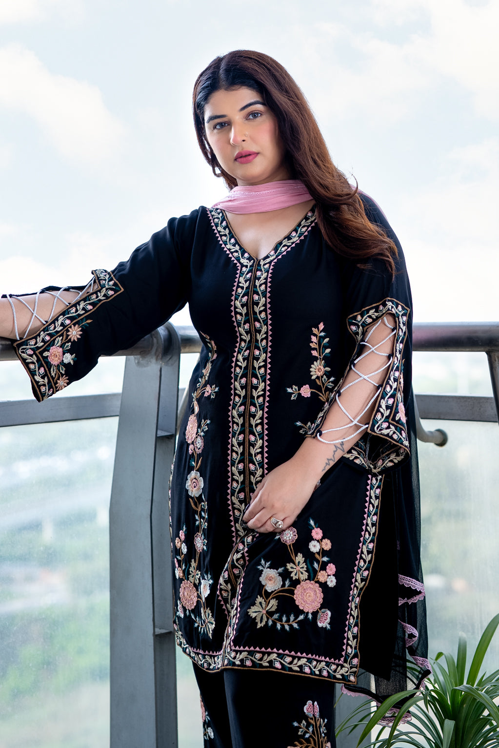 Midnight Blossom Embroidered Suit Set