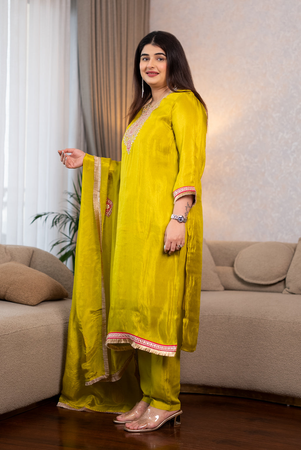 Yellow Silk Embroidered Suit Set