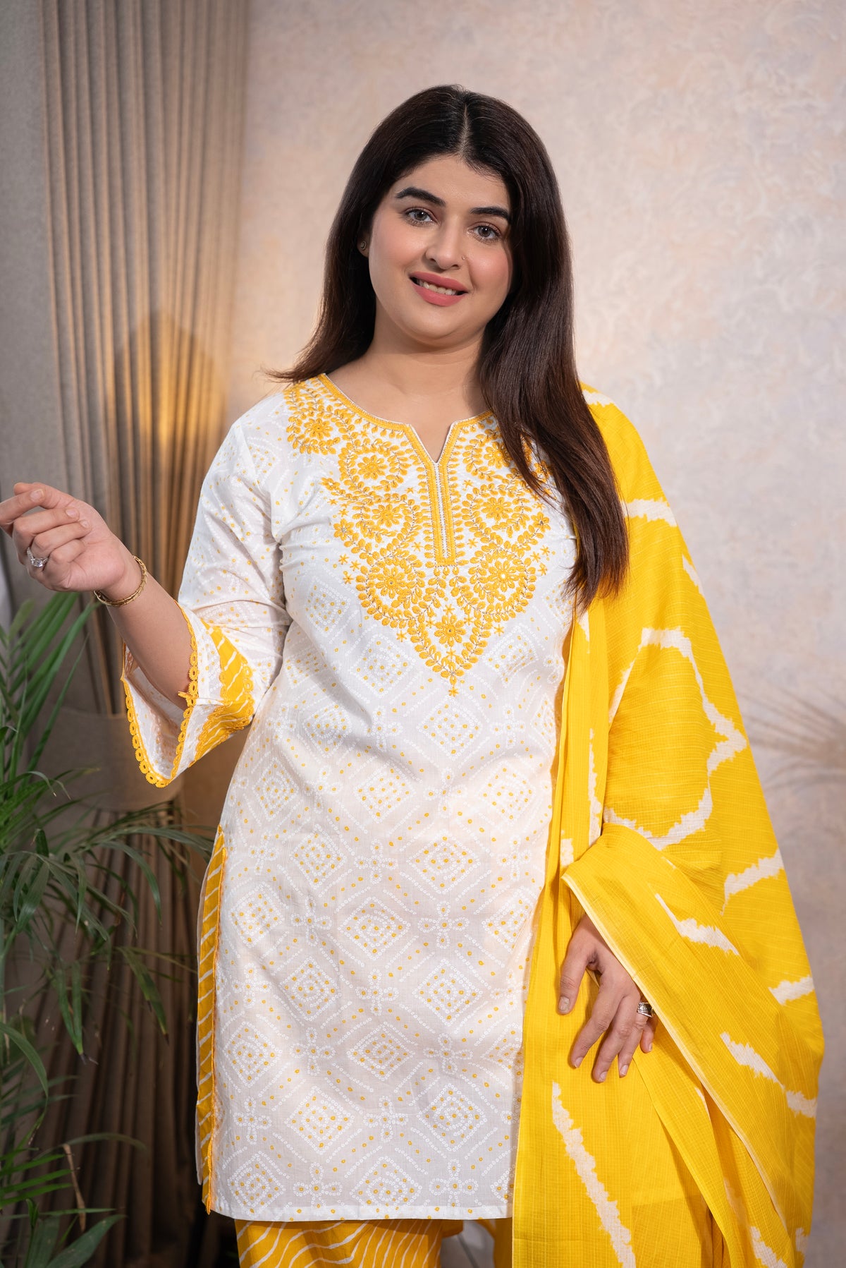 White & Yellow Embroidered Farshi Suit Set