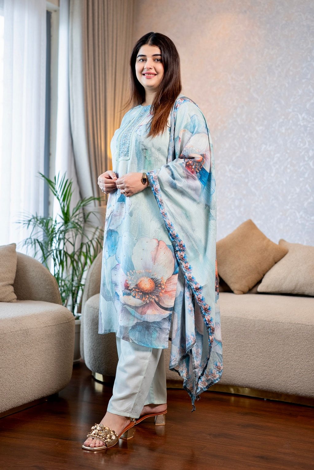 Sea Blue Floral Cotton Suit Set