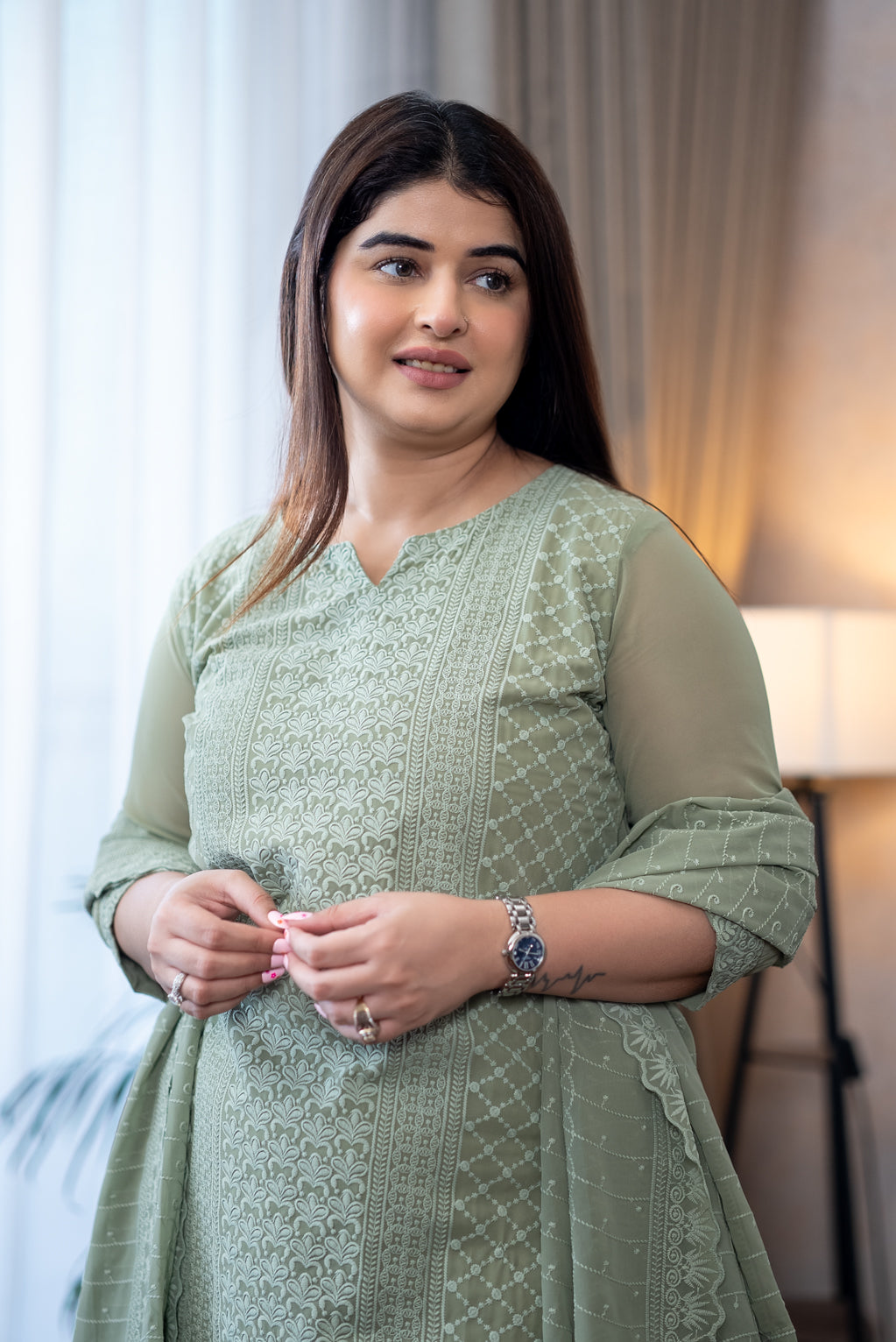 Sage Green Lucknowi Embroidery Suit Set